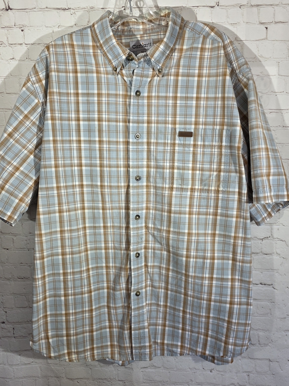 Carhartt Men’s XL Short Sleeve Plaid Button Down Work Shirt Relaxed Fit Brown Bl